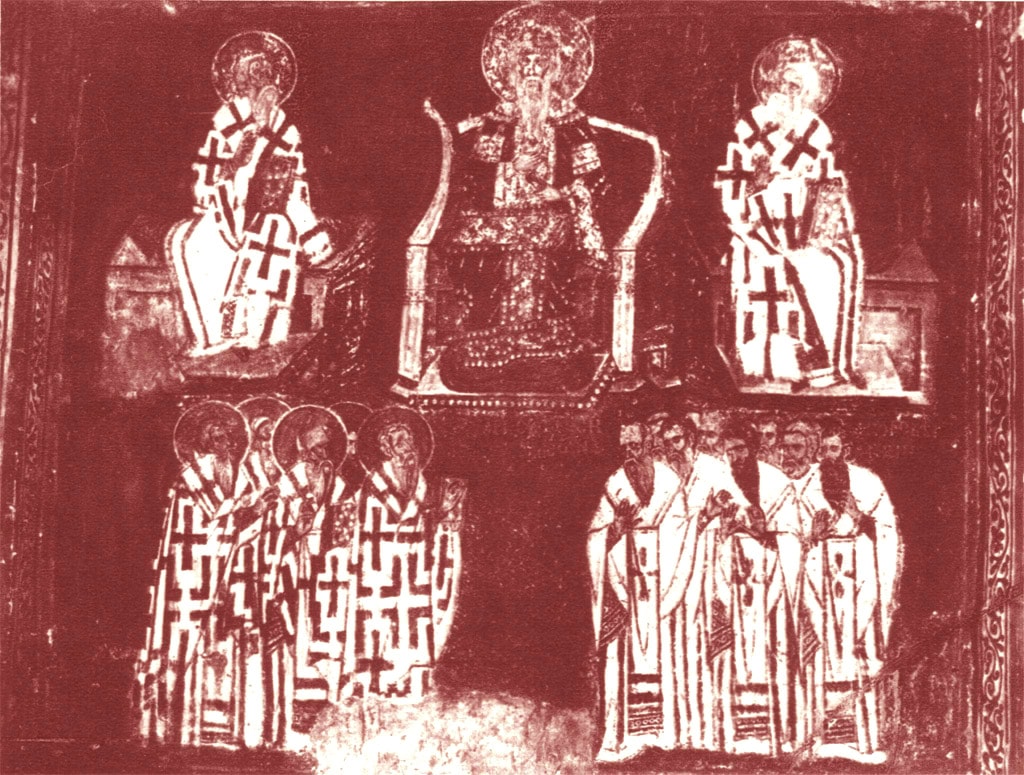 Nemanjin skup protiv Bogumila u Raškoj. Freska iz crkve svetog Ahilija u Arilju, oko 1290. godine. Veliki župan Stefan Nemanja, koji predsjedava skupom, naslikan je na sredini kompozicije. S njegove lijeve i desne strane nalaze se crkveni velikodostojnici. Dolje lijevo mogu se vidjeti predstavnici pravoslavnog svećenstva – prepoznatljivi po aureoli, simbolu svetosti, oko glave. Dolje desno vide se "poluvjernici" – Bogumili, koji su na sjednici osuđeni kao heretici.