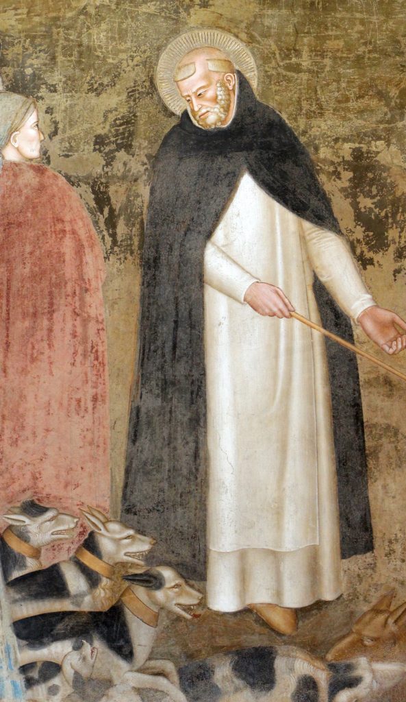 Svećenik s "aureolom" huška dominikanske inkvizitore, prikazane kao domini canes, "psi Gospodnji"