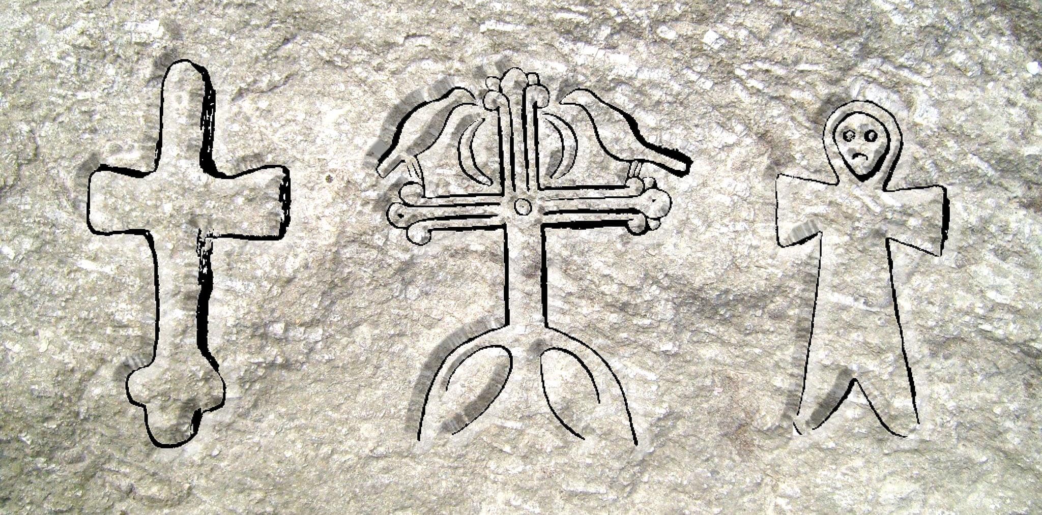 Odabrani simboli križa na stećcima: jednostavni križ bez tijela u Čerinu, Mostar – stilizirani svjetlosni križ s pticama i polumjesecima u Bjeloj Rudini, Bileća – antropomorfni križ u Milavićima, Stolac