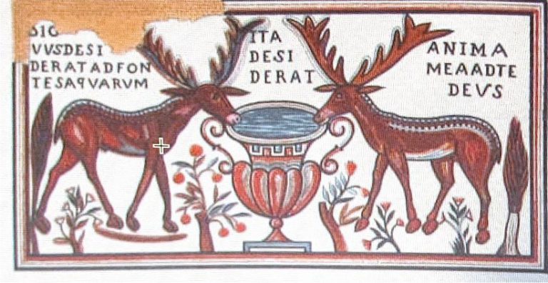 Mozaički natpis u krstionici u Saloni, koji se odnosi na psalam 42: "Sicut cervus desiderat ad fontes aquarum, ita desiderat anima mea ad te Deus" – "Kao što jelen žeđa za svježom vodom tako žeđa moja duša, Bože, za tobom."