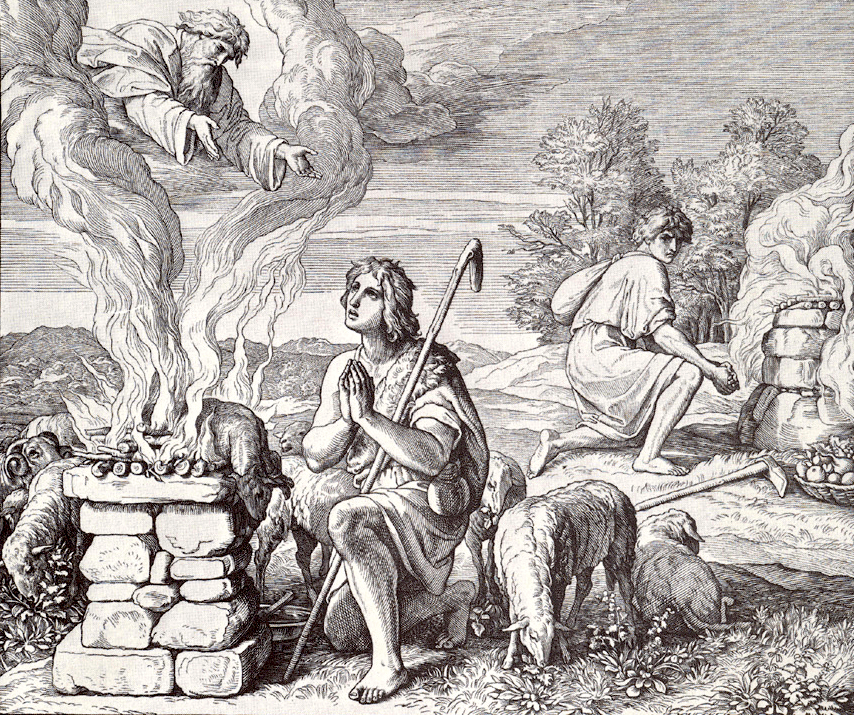 Scena iz Starog zavjeta Biblije: Kain i Abel spaljuju janje kao žrtvu životinje