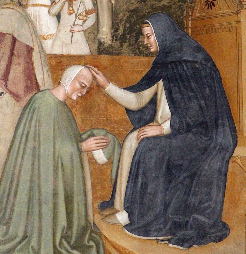 Sinnbild einer Geisttaufe im Mittelalter, auch consolamentum oder Christustaufe genannt – Detail aus einem Fresko von di Bonaiuto